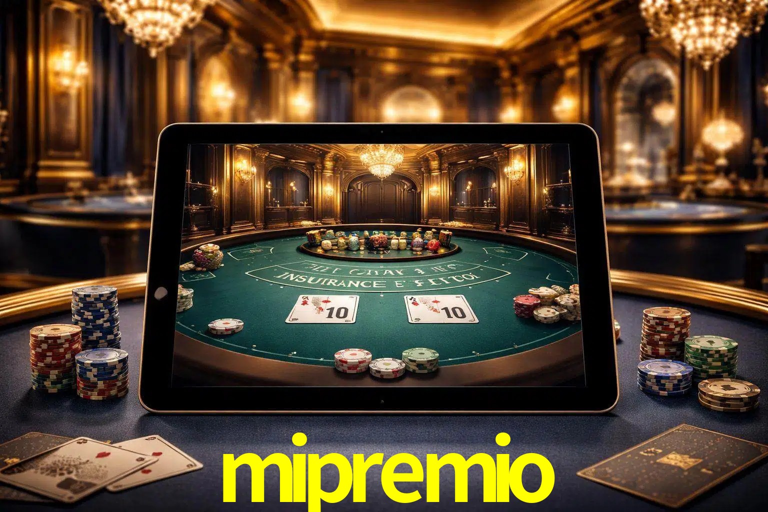 Configuración moderna de casino en vivo con una tableta mostrando una mesa de blackjack, luces cálidas de estudio y una atmósfera elegante de juegos digitales.
