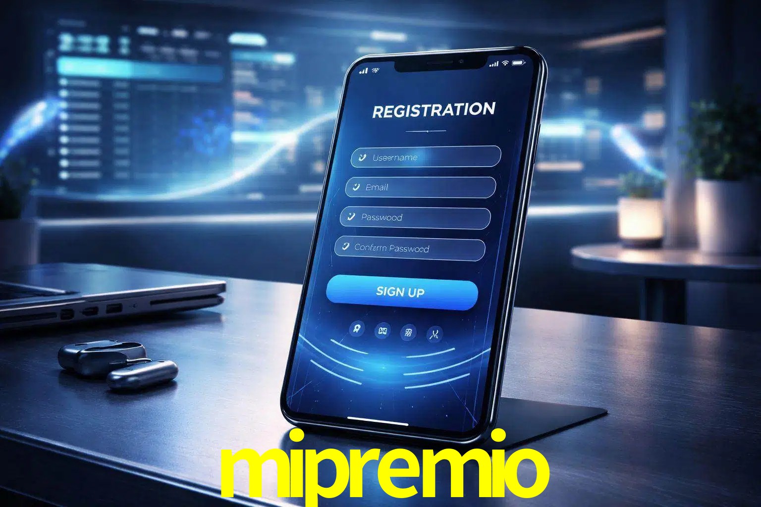 Una interfaz moderna de registro móvil para mipremio mostrada en un smartphone con un panel de apuestas elegante.